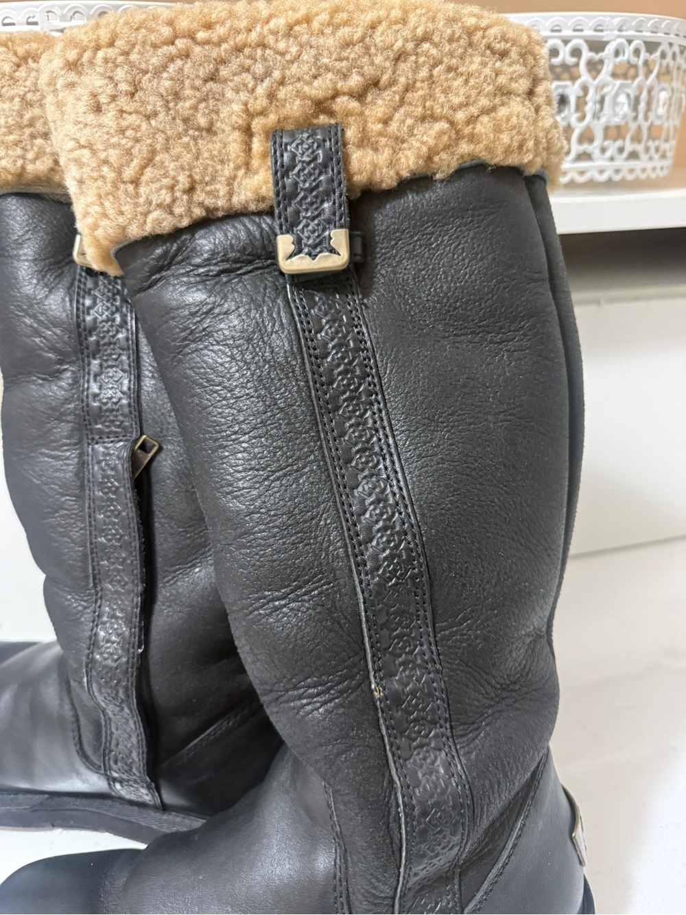 UGG Black Leather Tall Boot with Chestnut Shearling Cuff - Picture 9 of 16